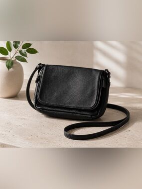 Margot Black Pebble Leather Foldover Crossbody Bag